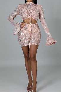 Pink Fashion Sexy Hollow Out Bandage Horn Sleeve Hip Sequins Bodycon Mini Dress CCY9393-2