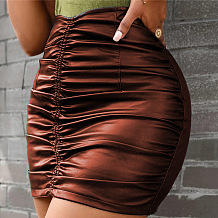 Coffee Women's Sexy PU Leather High Waist Shirred Detail Bodycon Skirts AWL5902-2
