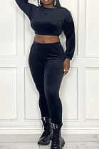 Black Women's Korea Velvet Pure Color Long Sleeve Collect Waist Short Top Long Pants Sets YY5327-1