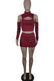 Wine Red Off Shoulder Hollow Out Sexy Eyelet Bandage Shorts Sets YY5322