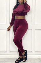 Wine Red Women's Korea Velvet Pure Color Long Sleeve Collect Waist Short Top Long Pants Sets YY5327-3