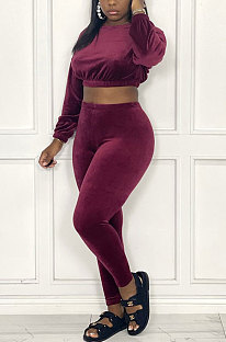 Wine Red Women's Korea Velvet Pure Color Long Sleeve Collect Waist Short Top Long Pants Sets YY5327-3