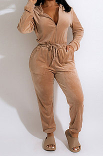 Khaki Fashion Casual Joker V Collar Bandage Velvet Zipper Hoodie Winter Casual Jumpsuits CCY9411-2