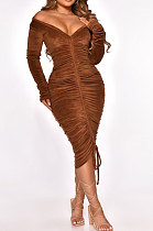 Brown Euramerican Women's Autumn Winter V Collar Velvet Shirred Detail Sexy Midi Dress Q999-4