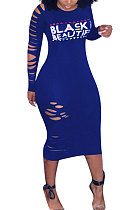 Blue Women's Pure Color Hollow Out Printing Bodycon Midi Dress TL6623-2