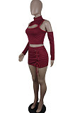 Wine Red Off Shoulder Hollow Out Sexy Eyelet Bandage Shorts Sets YY5322