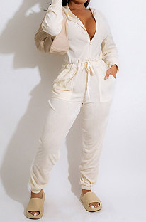White Fashion Casual Joker V Collar Bandage Velvet Zipper Hoodie Winter Casual Jumpsuits CCY9411-1