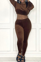 Coffee Women's Korea Velvet Pure Color Long Sleeve Collect Waist Short Top Long Pants Sets YY5327-2