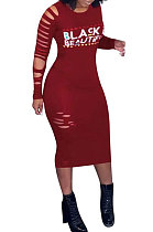 Wine Red Women's Pure Color Hollow Out Printing Bodycon Midi Dress TL6623-1