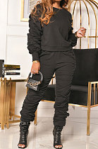 Black Wholesale Casual Long Sleeve Round Neck Hoodie Ruffle Pants Solid Color Suit YYF8267-2