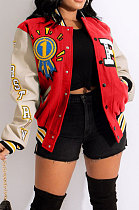 Red Women's Printing Color Matching Snap Fastener Baseball Uniform  Jacket JR3666-4