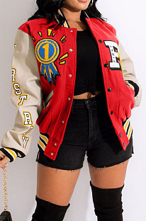 Red Women's Printing Color Matching Snap Fastener Baseball Uniform  Jacket JR3666-4
