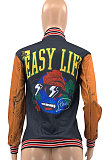 Black Women's Printing Color Matching Snap Fastener Baseball Uniform  Jacket JR3666-1