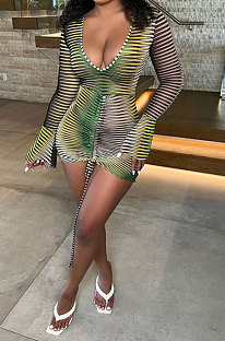 Green Sexy Euramerican Fashion V Collar High Waist Drawsting Camo Bodycon Mini Dress KA7217-2