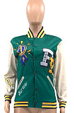 Green Women's Printing Color Matching Snap Fastener Baseball Uniform  Jacket JR3666-3