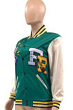 Green Women's Printing Color Matching Snap Fastener Baseball Uniform  Jacket JR3666-3