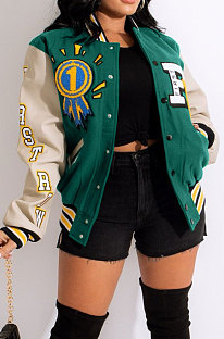 Green Women's Printing Color Matching Snap Fastener Baseball Uniform  Jacket JR3666-3