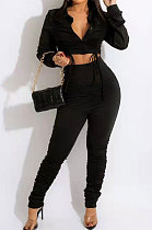 Black Fashion Casual Drawsting Ruffle Pure Color Single-Breasted Turn-Down Collar Bodycon Pants Sets FFE203-1