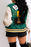 Green Women's Printing Color Matching Snap Fastener Baseball Uniform  Jacket JR3666-3