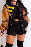 Black Women's Printing Color Matching Snap Fastener Baseball Uniform  Jacket JR3666-1