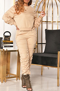 Khaki Wholesale Casual Long Sleeve Round Neck Hoodie Ruffle Pants Solid Color Suit YYF8267-5