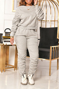 Grey Wholesale Casual Long Sleeve Round Neck Hoodie Ruffle Pants Solid Color Suit YYF8267-3