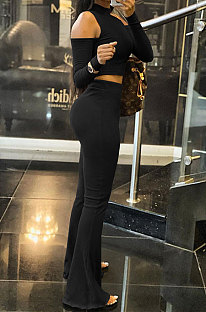 Black Sexy Solid Color Stand Collar Off Shoulder Bodycon Flare Leg Pants Sets JP1057-1