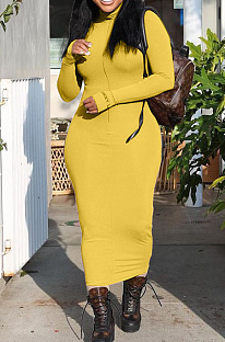Yellow Simple New Ribber Zipper Long Sleeve High Neck Slim Fitting Plain Dress RMH8952-7