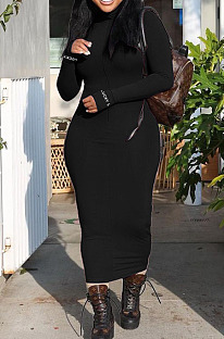 Black Simple New Ribber Zipper Long Sleeve High Neck Slim Fitting Plain Dress RMH8952-5