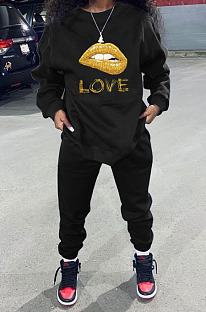 Winter Casual New Lips Printed Long Sleeve Hoodie Jogger Pants Suit LS6478