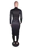 Fashion Women's Long Sleeve High Neck SlitTops Skinny Pants Plain Suit  BS1297