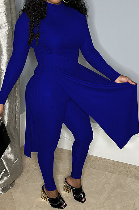 Fashion Women's Long Sleeve High Neck SlitTops Skinny Pants Plain Suit  BS1297