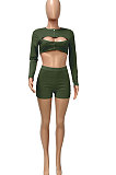 Euramerican Autumn Knit Ribber Hollow Our Sexy Bodycon Shorts Sets Q987