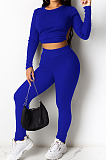 Sexy Ribber Long Sleeve Backless Crop Tops Skinny Pants Solid Color Suit DR88139
