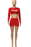 Euramerican Autumn Knit Ribber Hollow Our Sexy Bodycon Shorts Sets Q987