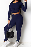 Sexy Ribber Long Sleeve Backless Crop Tops Skinny Pants Solid Color Suit DR88139