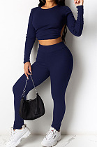 Sexy Ribber Long Sleeve Backless Crop Tops Skinny Pants Solid Color Suit DR88139