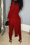 Fashion Women's Long Sleeve High Neck SlitTops Skinny Pants Plain Suit  BS1297