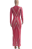 Euramerican Women's Autumn Mesh Spaghetti Perspectivity Wave Printing Sexy Long Dress Q963