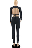 Sexy Ribber Long Sleeve Backless Crop Tops Skinny Pants Solid Color Suit DR88139