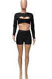 Euramerican Autumn Knit Ribber Hollow Our Sexy Bodycon Shorts Sets Q987