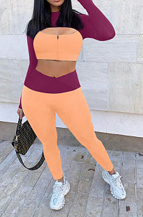 Long Sleeve Zipper Holow Out Contrast Color Dew Waist High Waist Long Pants Sets Q989