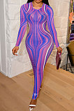 Euramerican Women's Autumn Mesh Spaghetti Perspectivity Wave Printing Sexy Long Dress Q963