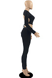 Sexy Ribber Long Sleeve Backless Crop Tops Skinny Pants Solid Color Suit DR88139
