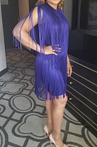 Elegant Luxe Pure Color Short Sleeve Tassel Collect Wasit Zipper Dress LS8011