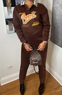 Fashion Casual Letter Printed Long Sleeve Polo Collar Tops Jogger Pants Suit OEP6315