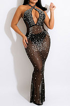 Fashion Sexy Halter Neck Hollow Out Backless Zipper Perspectivity Hot Drilling Bodycon Long Dress CCY9429