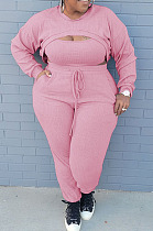Casual Fat Women's Ribber Long Sleeve Crop Tops+Tank Jogger Pants Suit MD453