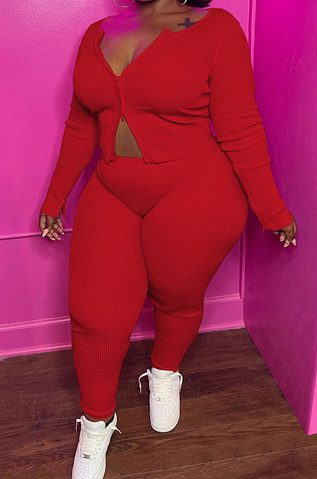 Wholesale Women's Ribber Long Sleeve Double-Zipper Tops Skinny Pants Plain Suit MD455