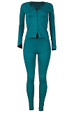 Wholesale Women's Ribber Long Sleeve Double-Zipper Tops Skinny Pants Plain Suit MD455